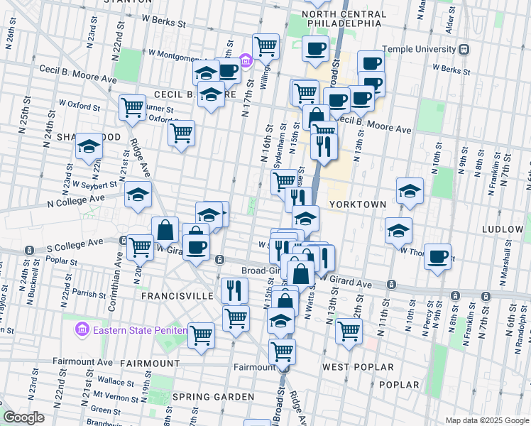 map of restaurants, bars, coffee shops, grocery stores, and more near 1538 West Thompson Street in Philadelphia