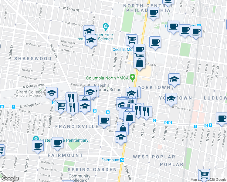 map of restaurants, bars, coffee shops, grocery stores, and more near 1538 West Thompson Street in Philadelphia