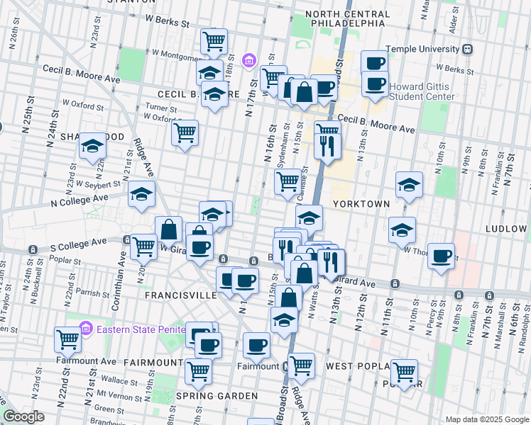 map of restaurants, bars, coffee shops, grocery stores, and more near 1538 West Thompson Street in Philadelphia
