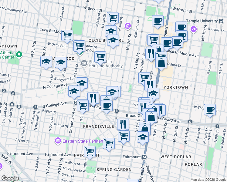map of restaurants, bars, coffee shops, grocery stores, and more near 1700 West Thompson Street in Philadelphia