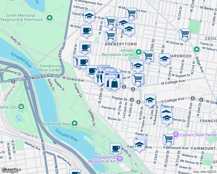 map of restaurants, bars, coffee shops, grocery stores, and more near 2834 Cambridge Street in Philadelphia
