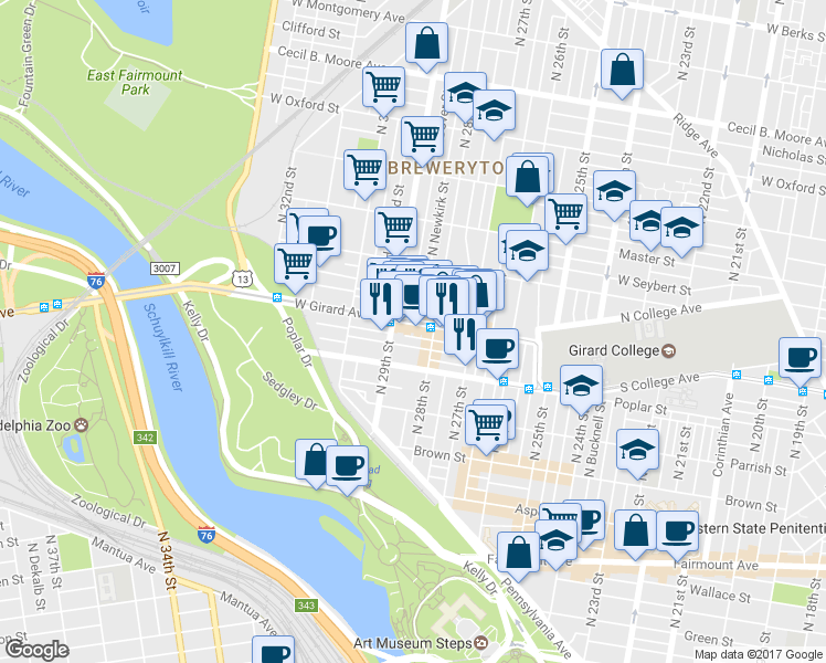 map of restaurants, bars, coffee shops, grocery stores, and more near 2834 Cambridge Street in Philadelphia