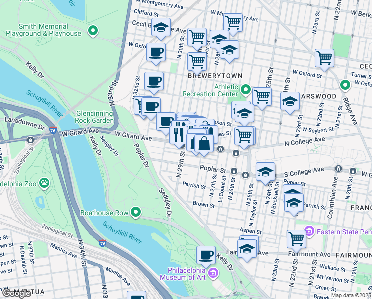 map of restaurants, bars, coffee shops, grocery stores, and more near 2834 Cambridge Street in Philadelphia