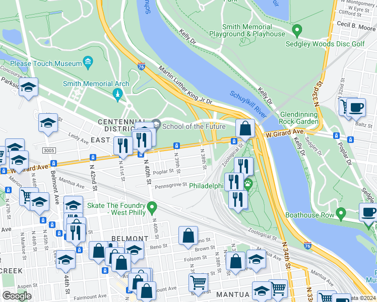 map of restaurants, bars, coffee shops, grocery stores, and more near 3856 Cambridge Street in Philadelphia