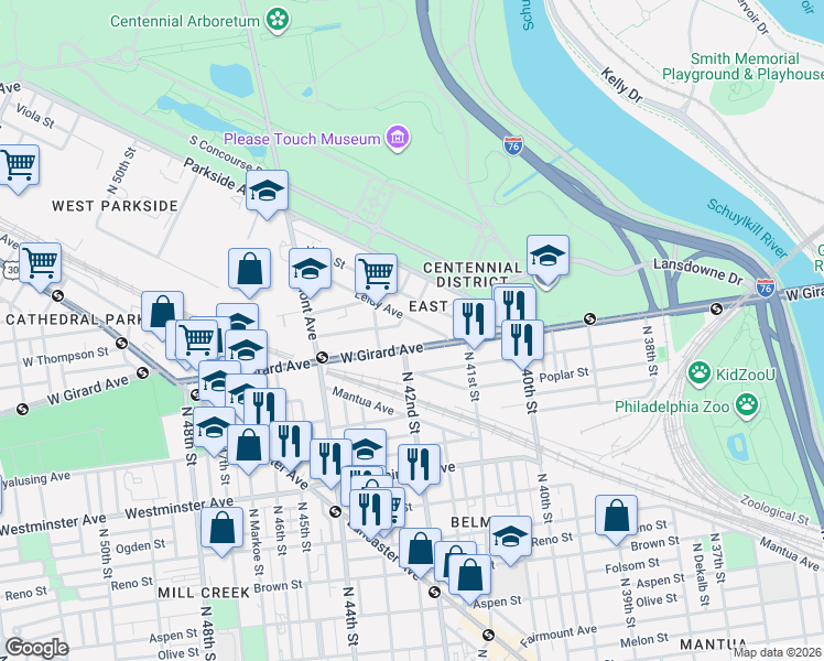 map of restaurants, bars, coffee shops, grocery stores, and more near 4141 West Girard Avenue in Philadelphia