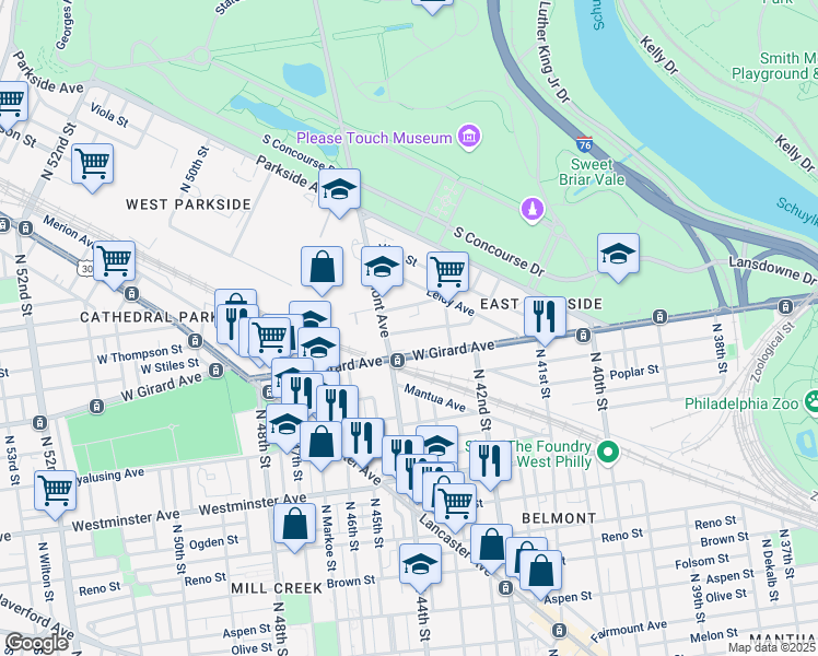 map of restaurants, bars, coffee shops, grocery stores, and more near 4253 West Girard Avenue in Philadelphia