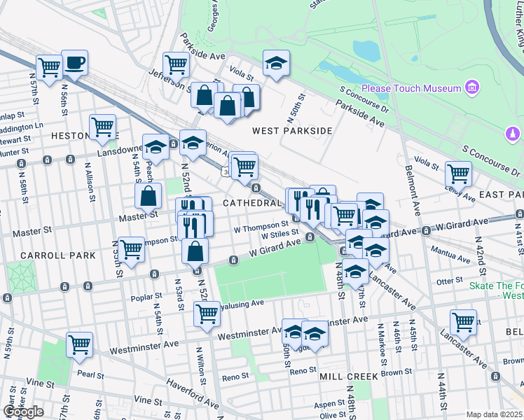 map of restaurants, bars, coffee shops, grocery stores, and more near 4973 West Thompson Street in Philadelphia