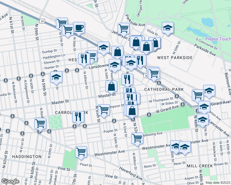map of restaurants, bars, coffee shops, grocery stores, and more near 1324 North 53rd Street in Philadelphia