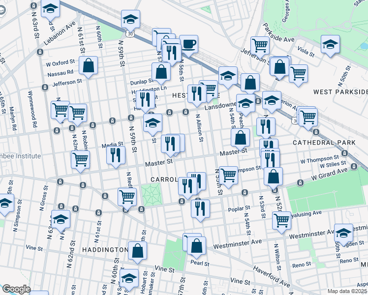 map of restaurants, bars, coffee shops, grocery stores, and more near 5623 Master Street in Philadelphia