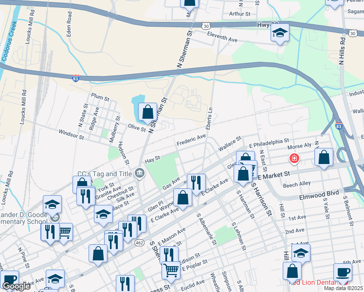 map of restaurants, bars, coffee shops, grocery stores, and more near 200 North Albemarle Street in York