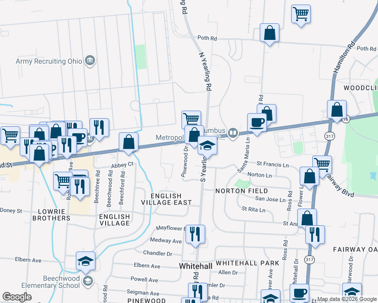 map of restaurants, bars, coffee shops, grocery stores, and more near 4320 Yearling Circle in Whitehall