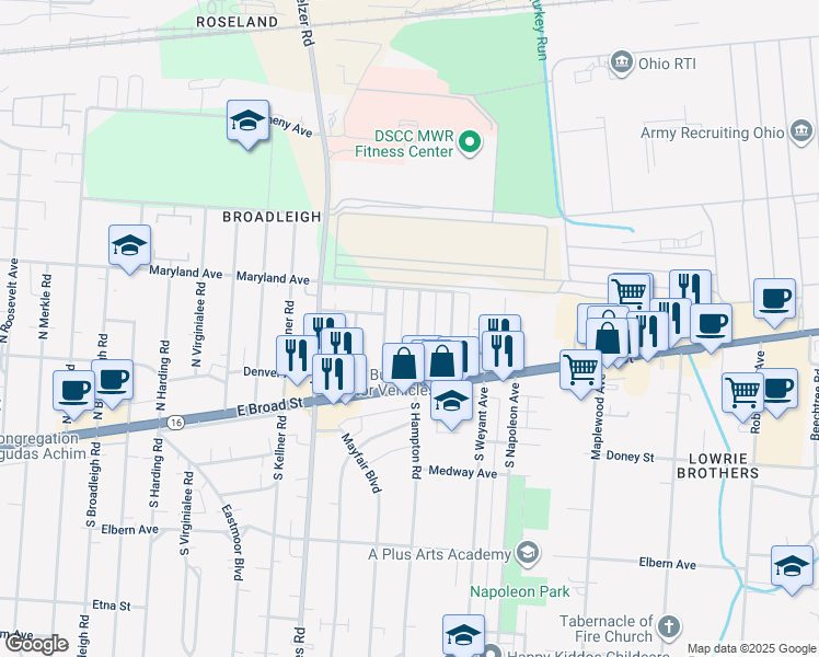 map of restaurants, bars, coffee shops, grocery stores, and more near 47 North Hampton Road in Columbus