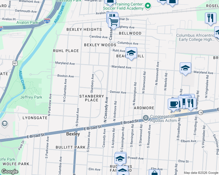 map of restaurants, bars, coffee shops, grocery stores, and more near 157 North Ardmore Road in Columbus