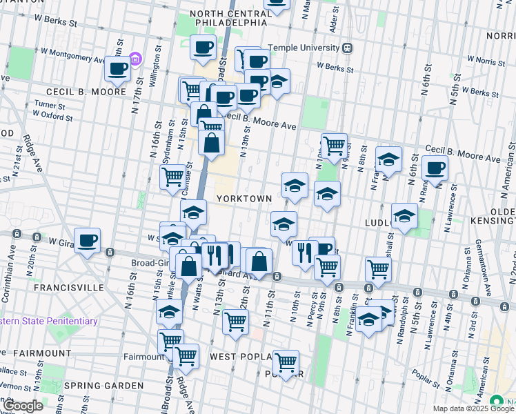 map of restaurants, bars, coffee shops, grocery stores, and more near 1201 Master Street in Philadelphia