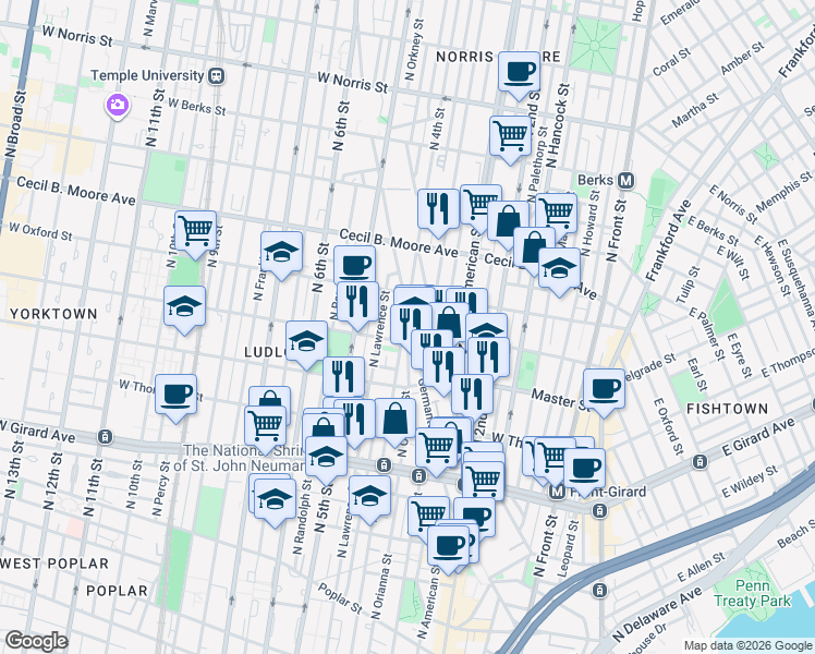 map of restaurants, bars, coffee shops, grocery stores, and more near 1442 North 4th Street in Philadelphia