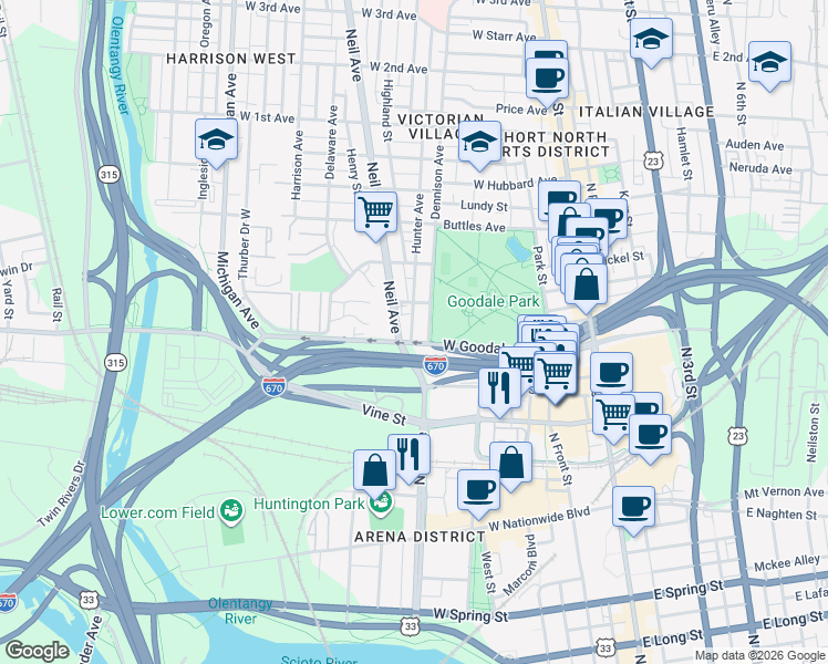 map of restaurants, bars, coffee shops, grocery stores, and more near 618 Hunter Avenue in Columbus