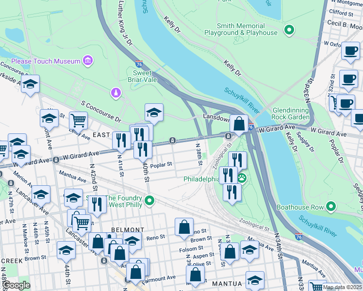 map of restaurants, bars, coffee shops, grocery stores, and more near 3846 West Girard Avenue in Philadelphia