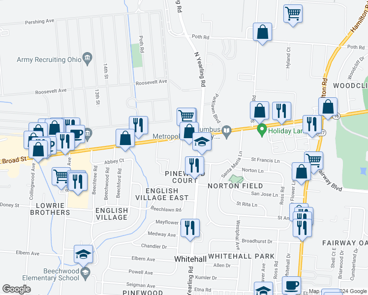 map of restaurants, bars, coffee shops, grocery stores, and more near 28 Pinewood Drive in Columbus