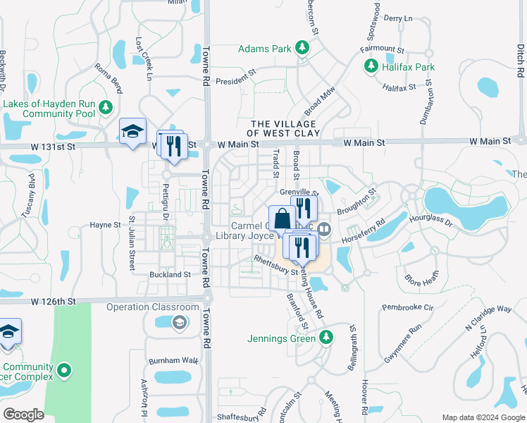 map of restaurants, bars, coffee shops, grocery stores, and more near 12873 Tradd Street in Carmel