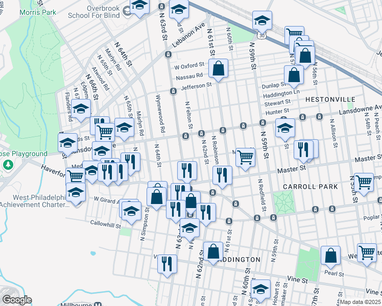 map of restaurants, bars, coffee shops, grocery stores, and more near 1512 North Felton Street in Philadelphia