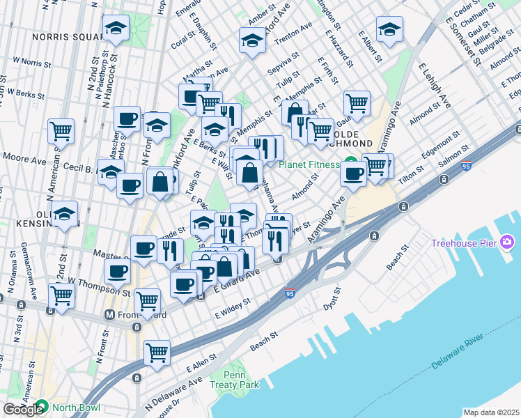 map of restaurants, bars, coffee shops, grocery stores, and more near 1339 East Berks Street in Philadelphia