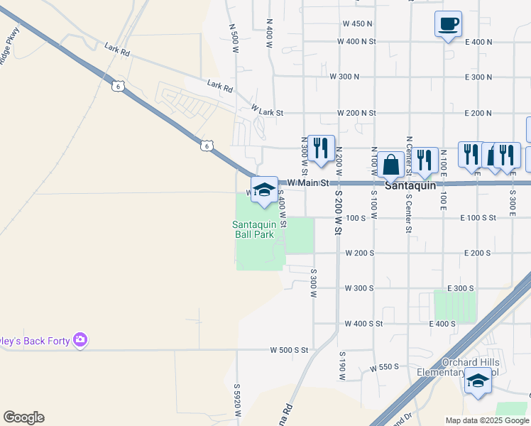 map of restaurants, bars, coffee shops, grocery stores, and more near 25 South 400 West Street in Santaquin