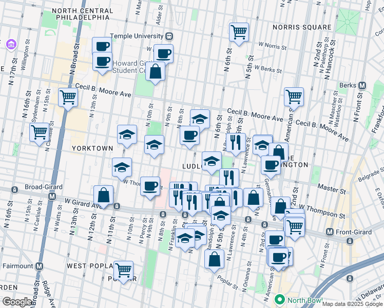 map of restaurants, bars, coffee shops, grocery stores, and more near 1438 North 7th Street in Philadelphia