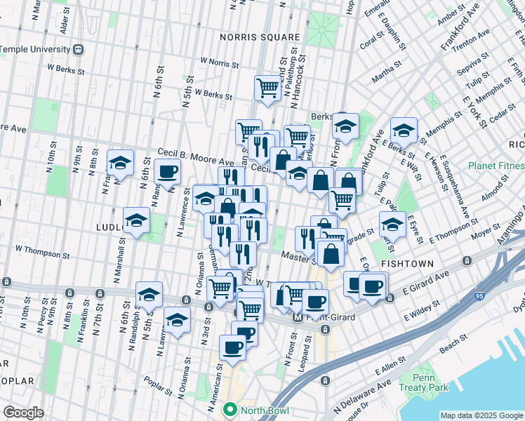 map of restaurants, bars, coffee shops, grocery stores, and more near 1525 North 2nd Street in Philadelphia