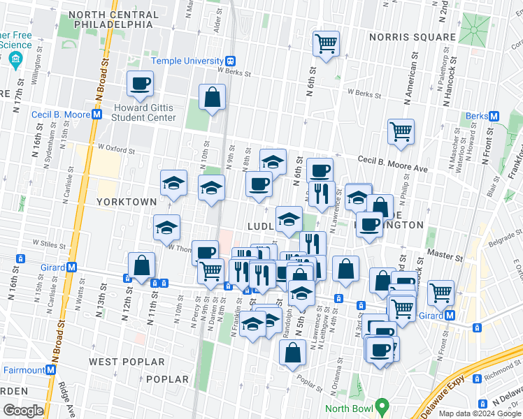 map of restaurants, bars, coffee shops, grocery stores, and more near 1438 North 7th Street in Philadelphia