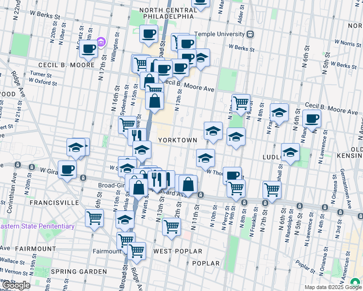 map of restaurants, bars, coffee shops, grocery stores, and more near 1215 Master Street in Philadelphia