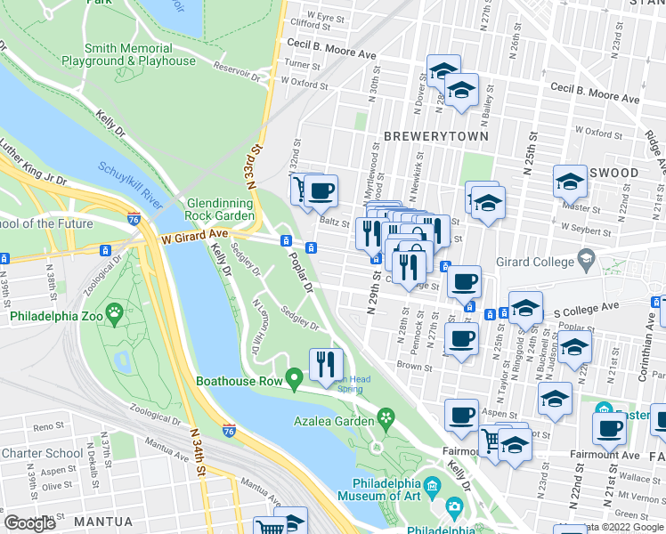 map of restaurants, bars, coffee shops, grocery stores, and more near 3016 West Harper Street in Philadelphia