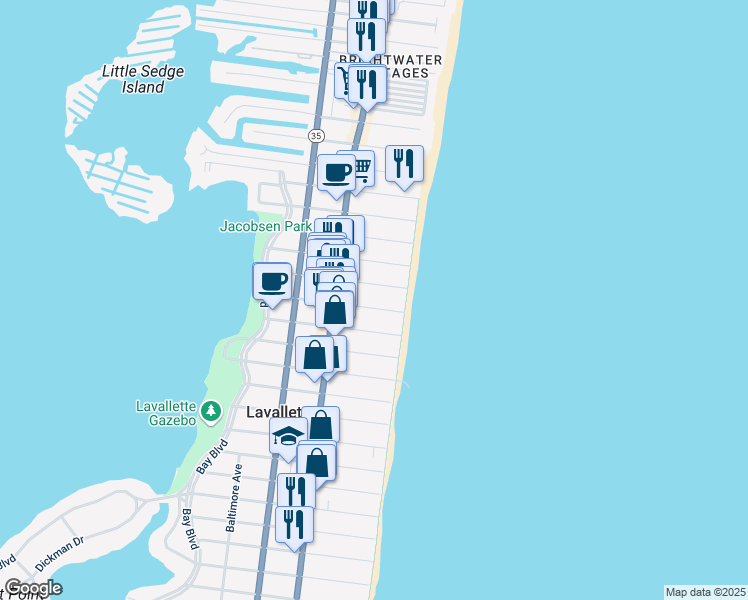 map of restaurants, bars, coffee shops, grocery stores, and more near 11 President Avenue in Lavallette