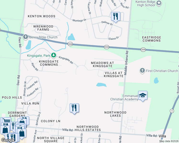 map of restaurants, bars, coffee shops, grocery stores, and more near 3516 Kingsgate Court in Springfield