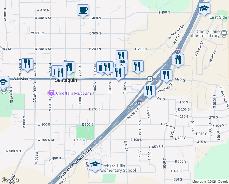 map of restaurants, bars, coffee shops, grocery stores, and more near 341 East 100 South in Santaquin