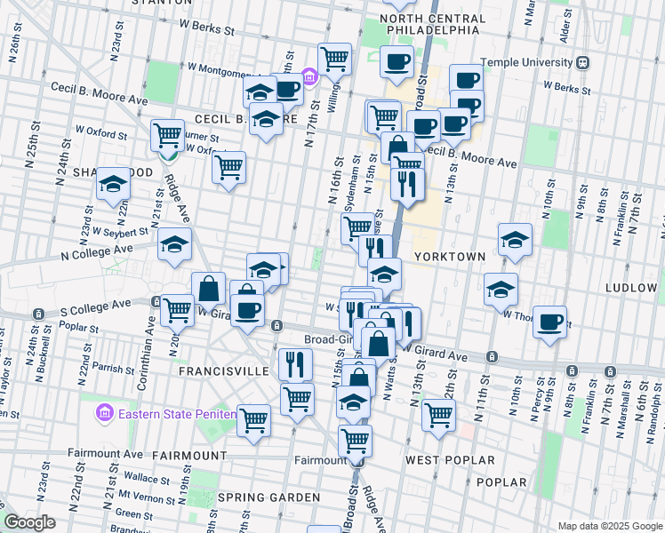 map of restaurants, bars, coffee shops, grocery stores, and more near 1532 Ingersoll Street in Philadelphia