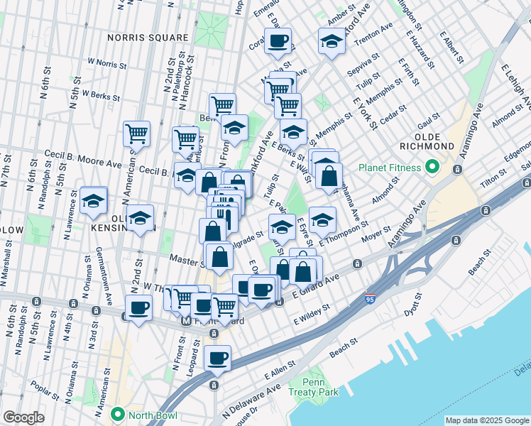 map of restaurants, bars, coffee shops, grocery stores, and more near 1409 East Columbia Avenue in Philadelphia