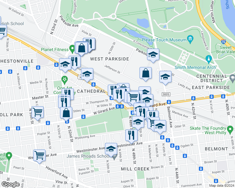 map of restaurants, bars, coffee shops, grocery stores, and more near 4852 Merion Avenue in Philadelphia