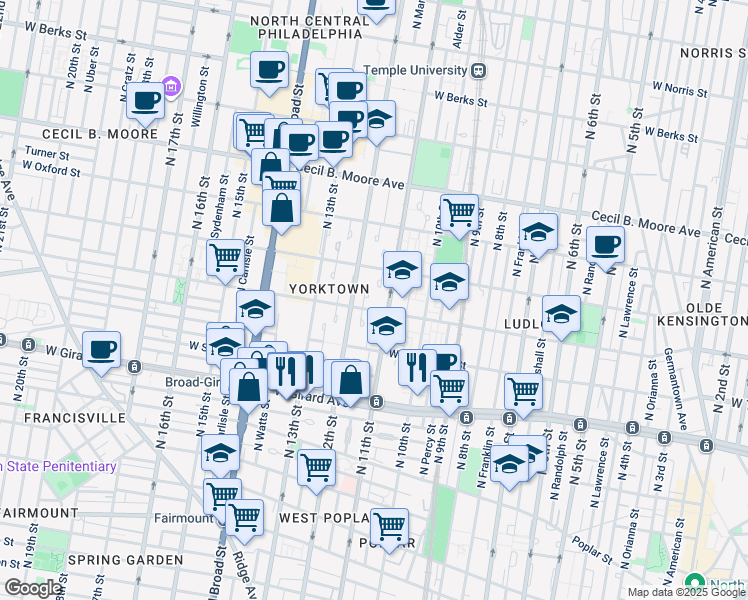 map of restaurants, bars, coffee shops, grocery stores, and more near 1409 Kings Place in Philadelphia