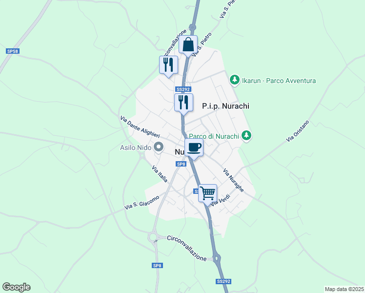 map of restaurants, bars, coffee shops, grocery stores, and more near 9 Via Nuoro in Nurachi