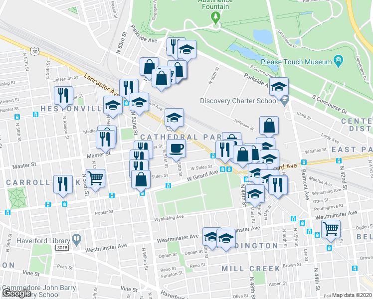 map of restaurants, bars, coffee shops, grocery stores, and more near 4949 Kershaw Street in Philadelphia