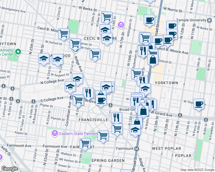 map of restaurants, bars, coffee shops, grocery stores, and more near 1700 West Thompson Street in Philadelphia