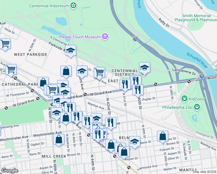 map of restaurants, bars, coffee shops, grocery stores, and more near 4141 West Girard Avenue in Philadelphia