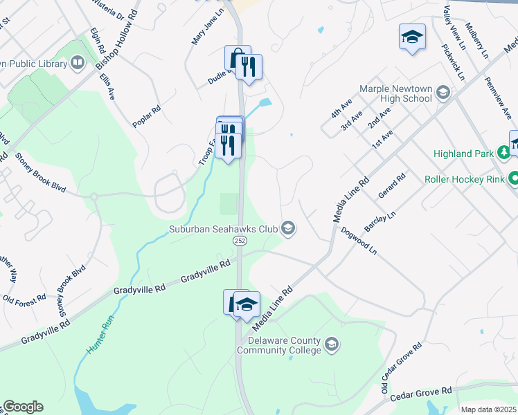 map of restaurants, bars, coffee shops, grocery stores, and more near 333 South Newtown Street Road in Newtown Square
