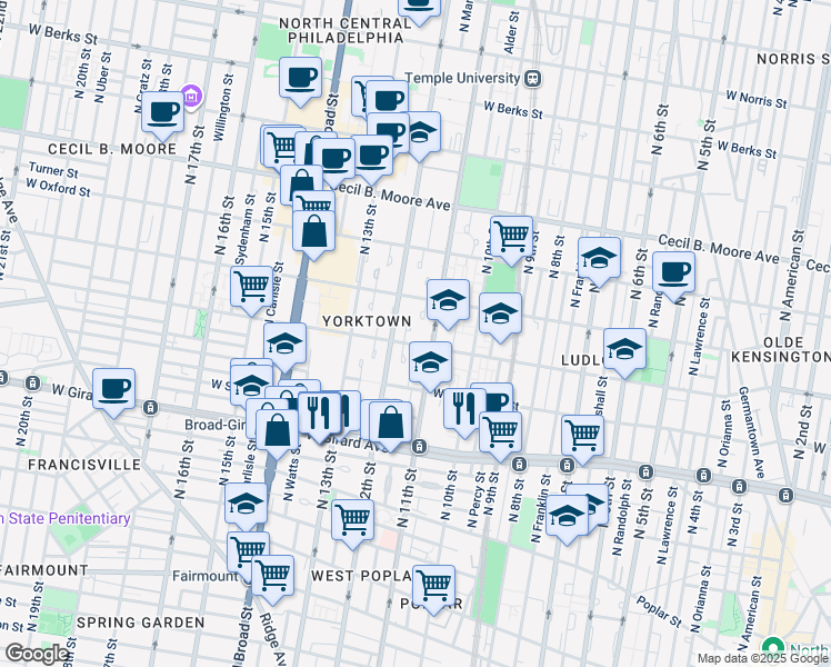 map of restaurants, bars, coffee shops, grocery stores, and more near 1409 Kings Place in Philadelphia