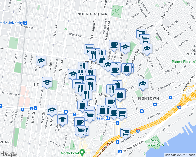 map of restaurants, bars, coffee shops, grocery stores, and more near 1524 North Hancock Street in Philadelphia
