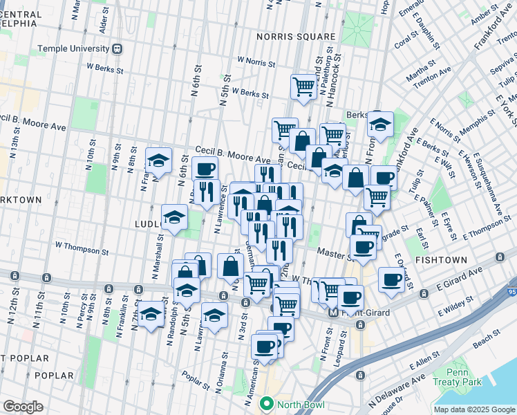 map of restaurants, bars, coffee shops, grocery stores, and more near 1531 North Cadwallader Street in Philadelphia