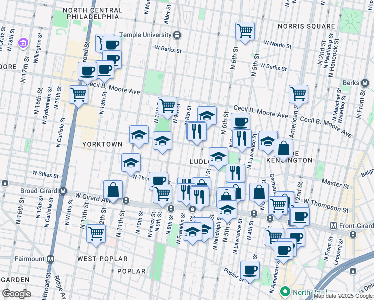 map of restaurants, bars, coffee shops, grocery stores, and more near 1440 North Perth Street in Philadelphia