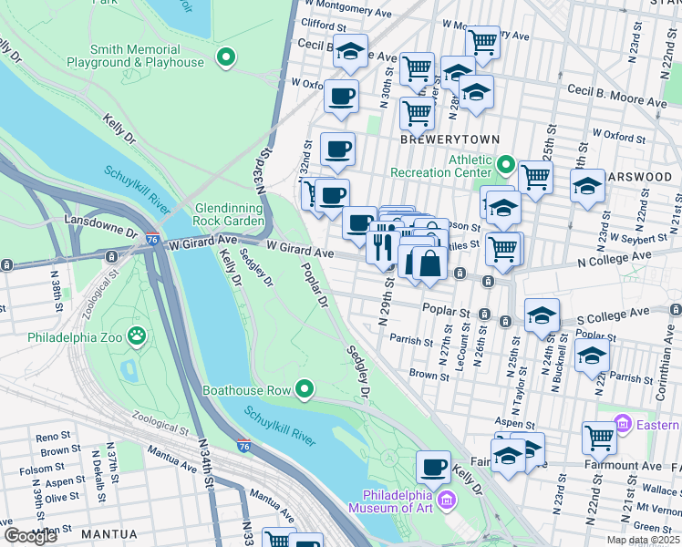 map of restaurants, bars, coffee shops, grocery stores, and more near 3024 West Harper Street in Philadelphia