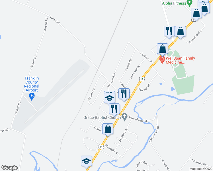 map of restaurants, bars, coffee shops, grocery stores, and more near 2722 Fillmore Drive in Chambersburg