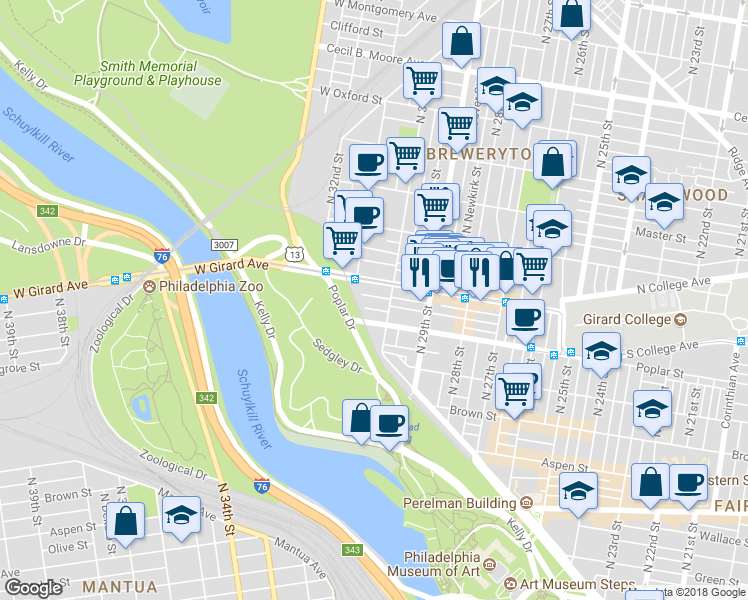 map of restaurants, bars, coffee shops, grocery stores, and more near 3024 West Harper Street in Philadelphia